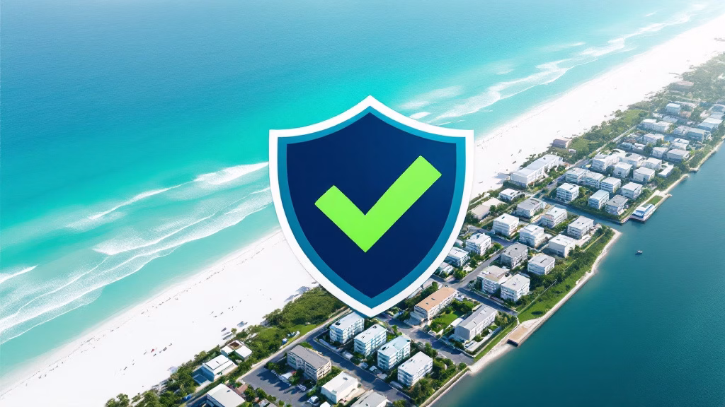 Security shield icon with checkmark over an aerial view of a Northwest Florida coastal community