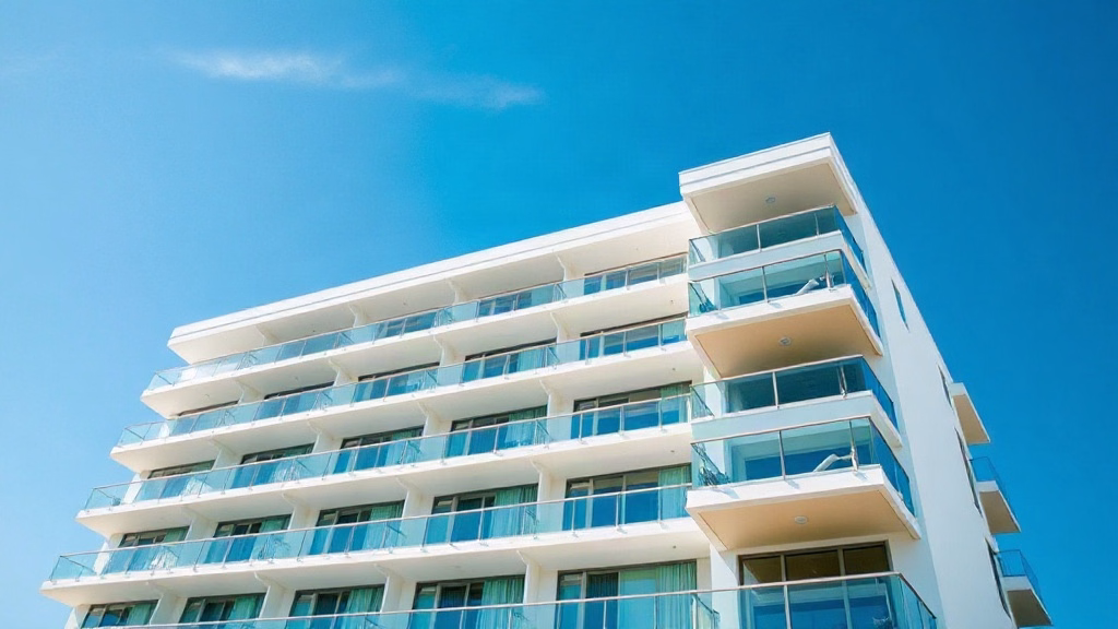 Modern Panama City Beach condominium building exterior under clear blue sky