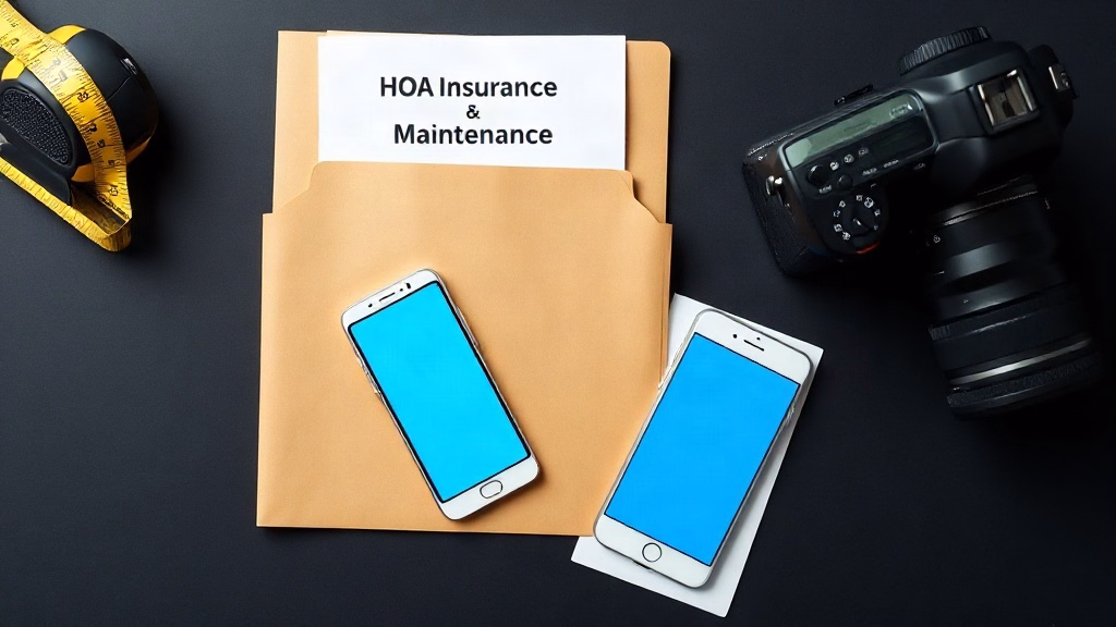 Insurance and maintenance documentation arranged on a dark navy desk for water damage claims