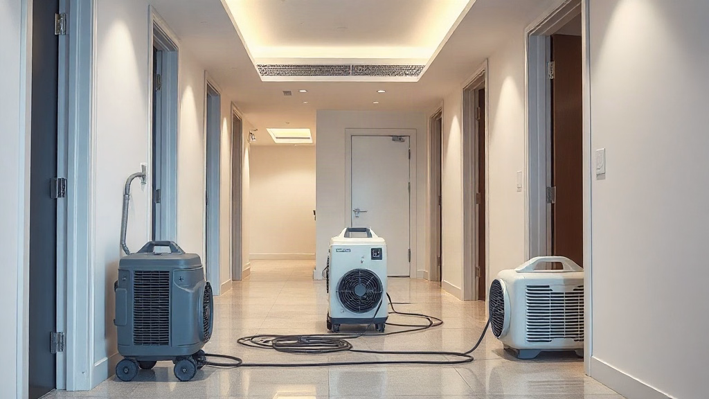 Professional water mitigation equipment in a condominium hallway during structural drying